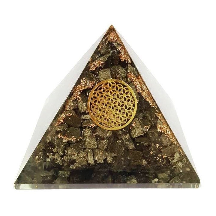 {
  "text": "orgonite pyramid with pyrite – 7 x 7"
}